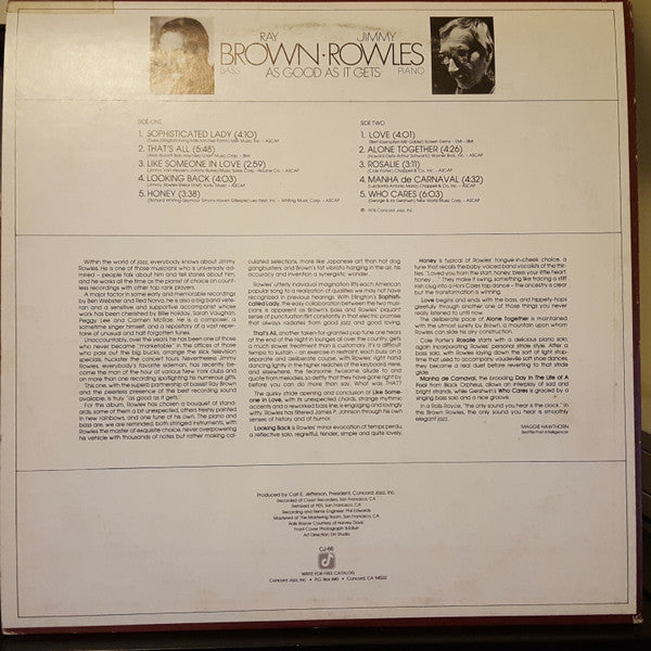 Ray Brown · Jimmy Rowles ~ As Good As It Gets (Vinyl) - Djungel & Jazz