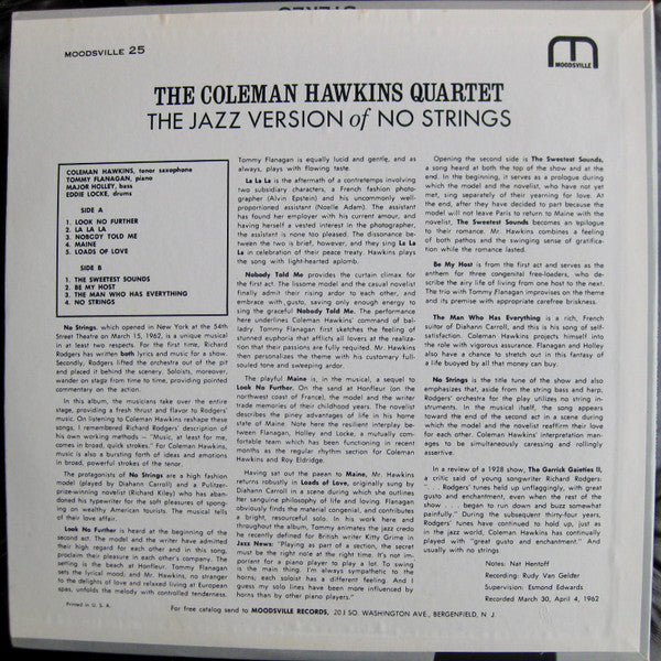 Coleman Hawkins Quartet ~ The Coleman Hawkins Quartet Play The Jazz Version Of No Strings (Vinyl) - Djungel & Jazz