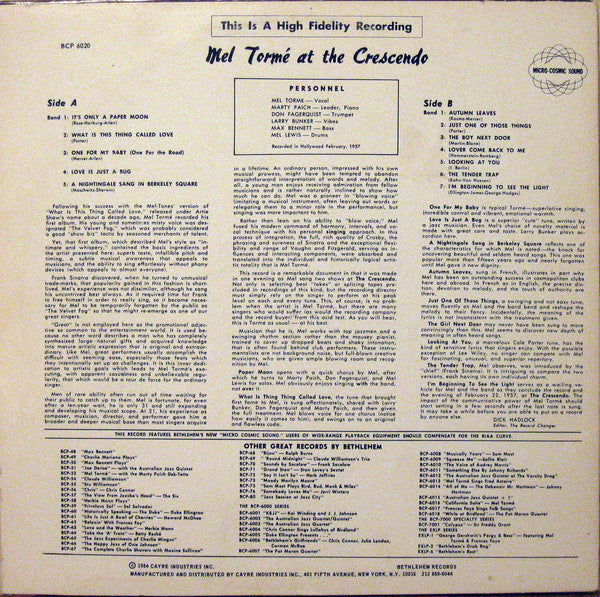 Mel Tormé ~ Gene Norman Presents Mel Torme At The Crescendo (Vinyl) - Djungel & Jazz