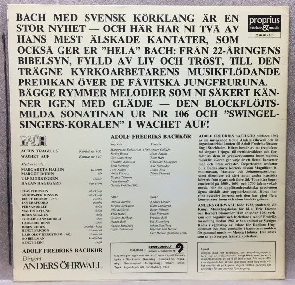Bach / Adolf Fredriks Bachkör ~ Actus Tragicus Cantata 106 / Wachet Auf Cantata 140 (Vinyl) - Djungel & Jazz