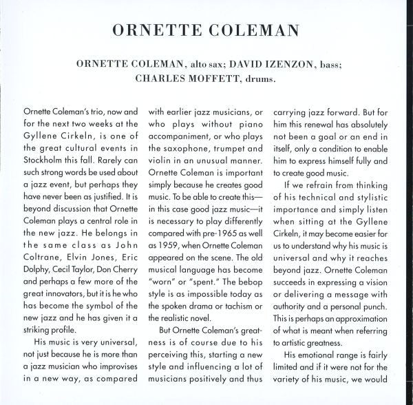 The Ornette Coleman Trio ~ At The "Golden Circle" Stockholm - Volume One (Vinyl) - Djungel & Jazz