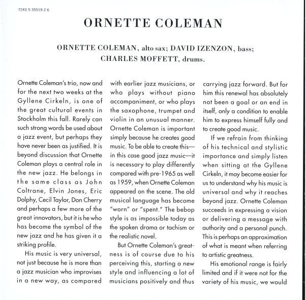 The Ornette Coleman Trio ~ At The "Golden Circle" Stockholm - Volume Two (Vinyl) - Djungel & Jazz