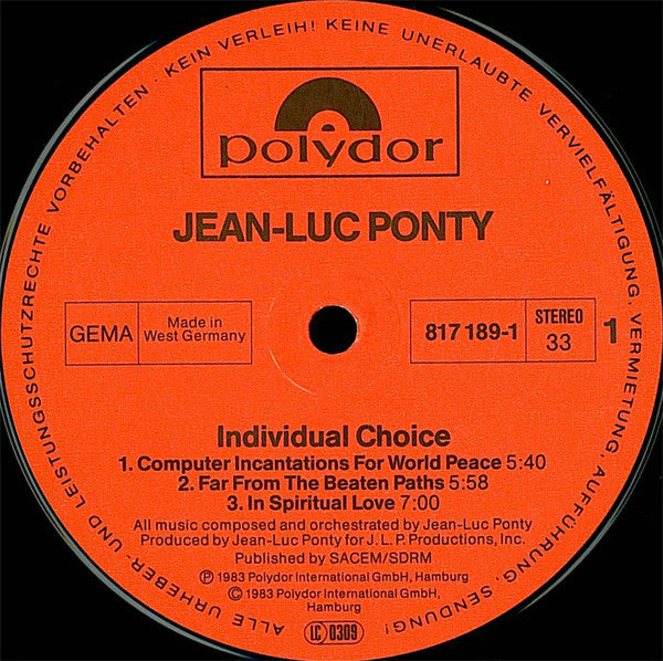Jean-Luc Ponty ~ Individual Choice (Vinyl) - Djungel & Jazz