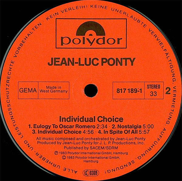 Jean-Luc Ponty ~ Individual Choice (Vinyl) - Djungel & Jazz