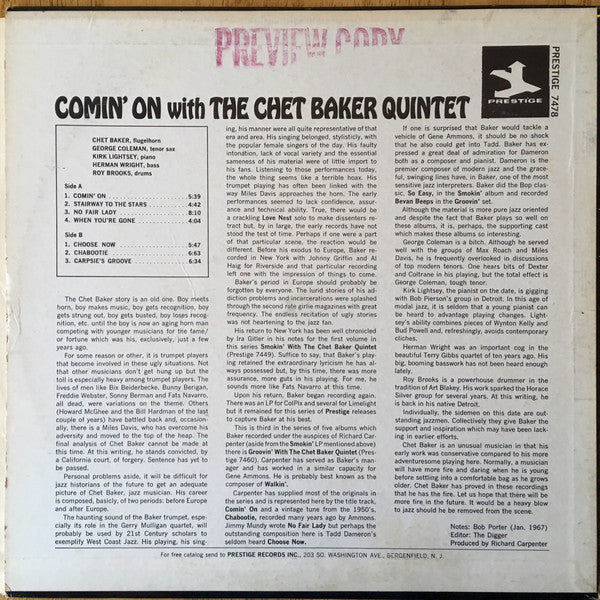 The Chet Baker Quintet : Comin' On With The Chet Baker Quintet (LP, Album, Mono)