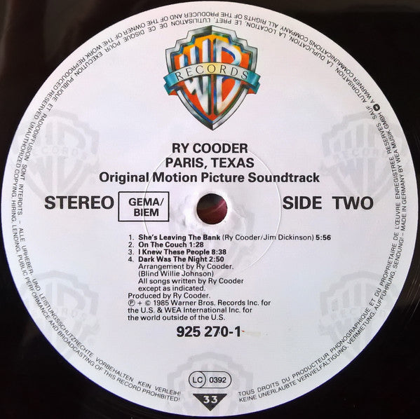 Ry Cooder ~ Paris, Texas (Original Motion Picture Soundtrack) (Vinyl) - Djungel & Jazz