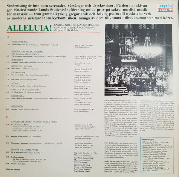 Lunds Studentsångförening ~ Alleluia!: Lunds Studentsångare Sjunger Nordisk Sakral Manskörsmusik (Vinyl) - Djungel & Jazz