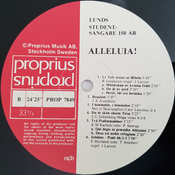 Lunds Studentsångförening ~ Alleluia!: Lunds Studentsångare Sjunger Nordisk Sakral Manskörsmusik (Vinyl) - Djungel & Jazz