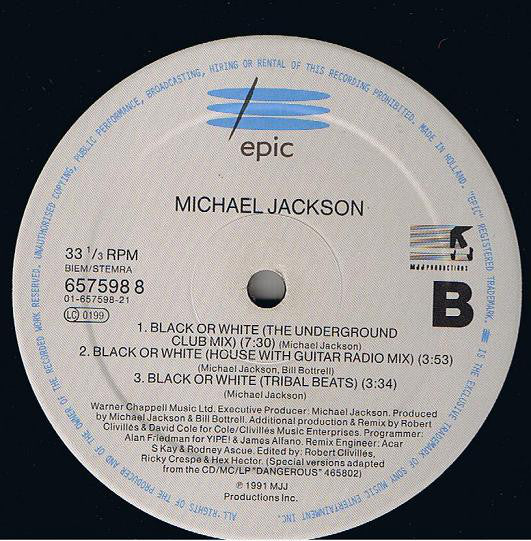 Michael Jackson ~ Black Or White (The Clivillés & Cole (C&C) Remixes) (Vinyl) - Djungel & Jazz