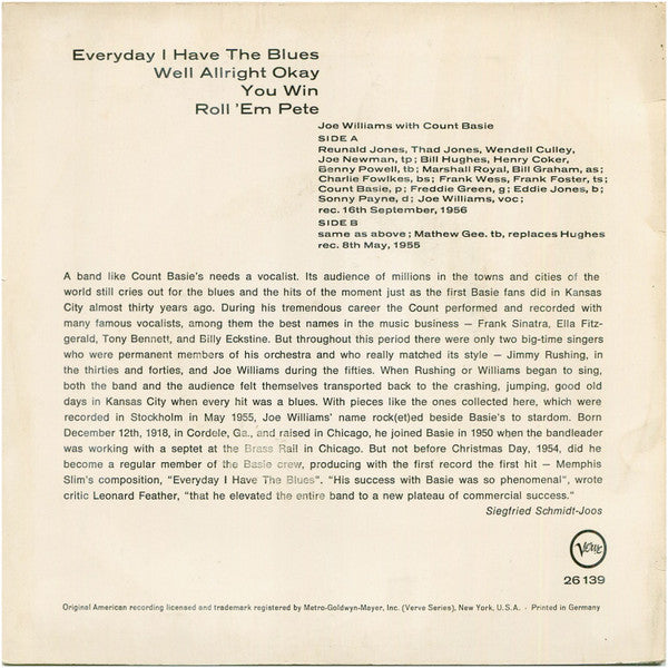 Joe Williams ~ Everyday I Have The Blues (Vinyl) - Djungel & Jazz