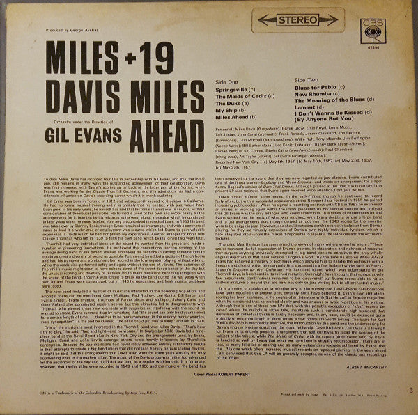 Miles Davis + 19 Orchestra Under The Direction Of Gil Evans : Miles Ahead (LP, Album, RE)
