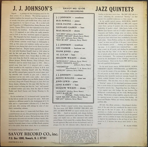 The J.J. Johnson Quintet ~ J.J. Johnson's Jazz Quintets (Vinyl) - Djungel & Jazz
