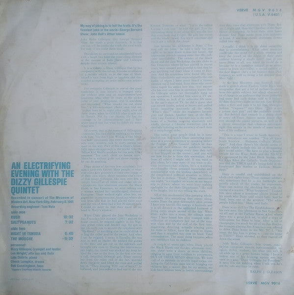 Dizzy Gillespie Quintet ~ An Electrifying Evening With The Dizzy Gillespie Quintet (Vinyl) - Djungel & Jazz