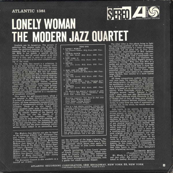 The Modern Jazz Quartet : Lonely Woman (LP, Album, RE)