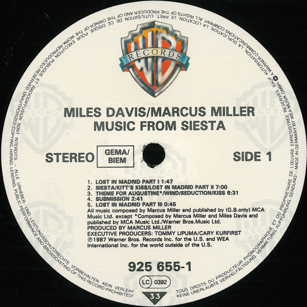 Miles Davis / Marcus Miller : Music From Siesta (LP, Album)
