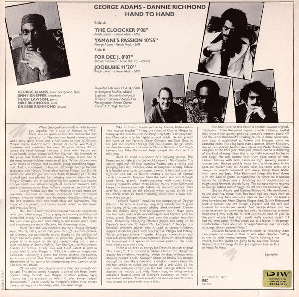 George Adams - Dannie Richmond : Hand To Hand (LP, Album)