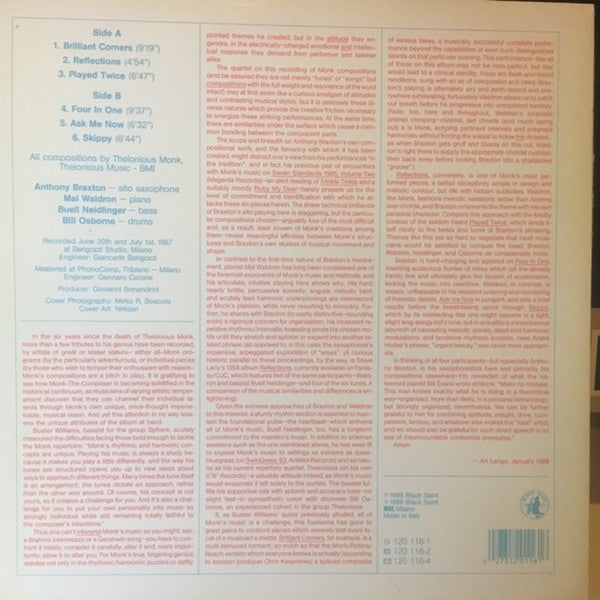 Anthony Braxton : Six Monk's Compositions (1987) (LP, Album)