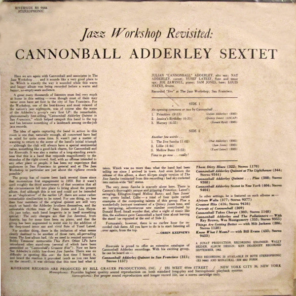 Cannonball Adderley Sextet : Jazz Workshop Revisited (LP, Album)