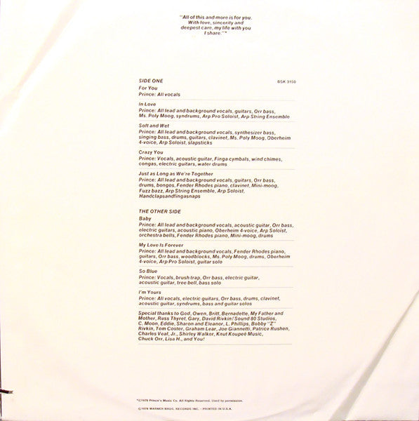 Prince : For You (LP, Album, Win)