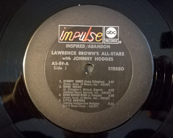 Lawrence Brown's All-Stars With Johnny Hodges ~ Inspired Abandon (Vinyl) - Djungel & Jazz