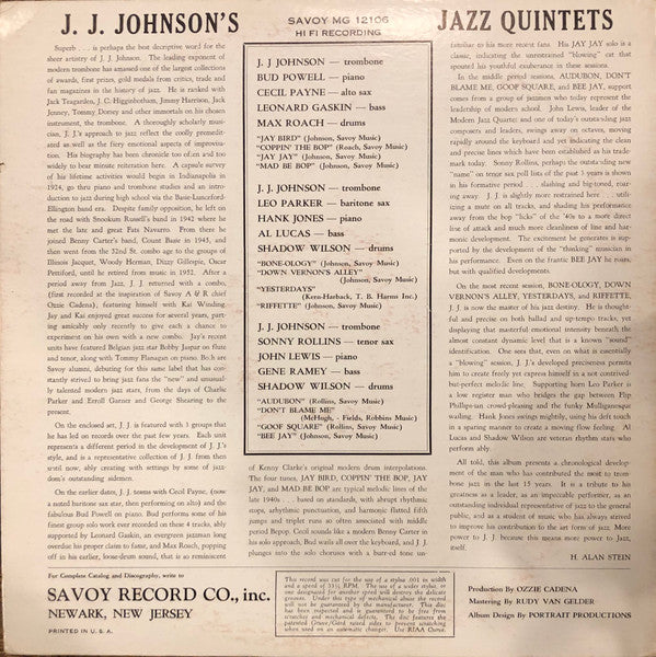 The J.J. Johnson Quintet : J.J. Johnson's Jazz Quintets (LP, Album, Mono)