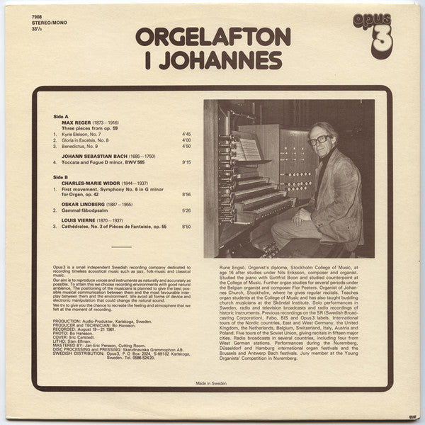 Rune Engsö ~ Orgelafton I Johannes (Vinyl) - Djungel & Jazz