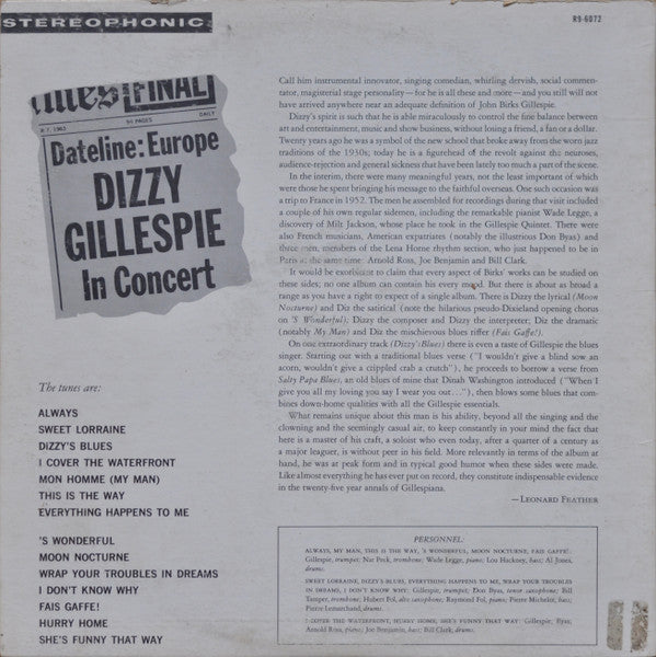 Dizzy Gillespie ~ Dateline: Europe Dizzy Gillespie In Concert (Vinyl) - Djungel & Jazz
