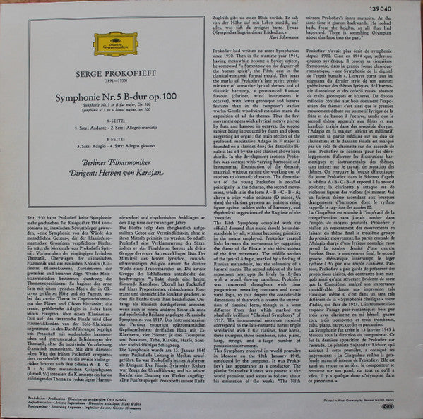 Sergei Prokofiev, Berliner Philharmoniker, Herbert von Karajan ~ Symphonie Nr. 5 B-Dur Op. 100 (Vinyl) - Djungel & Jazz