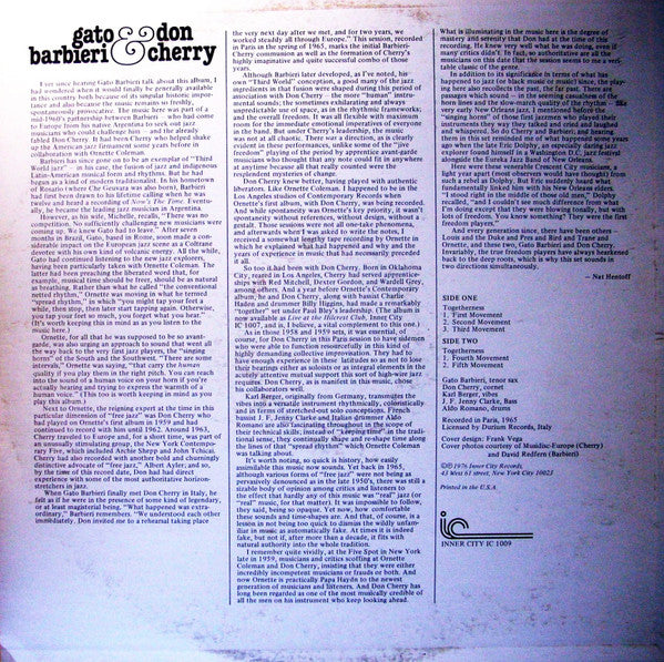 Gato Barbieri & Don Cherry ~ Gato Barbieri & Don Cherry (Vinyl) - Djungel & Jazz
