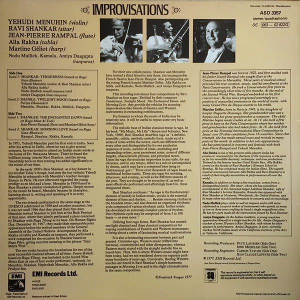 Yehudi Menuhin · Ravi Shankar · Jean-Pierre Rampal . Martine Géliot ~ Improvisations (Vinyl) - Djungel & Jazz