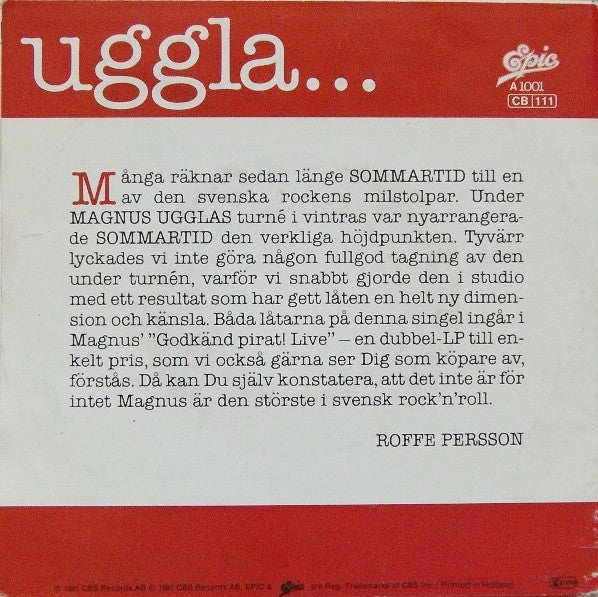 Magnus Uggla : Sommartid (Ny Version) (7", Single)