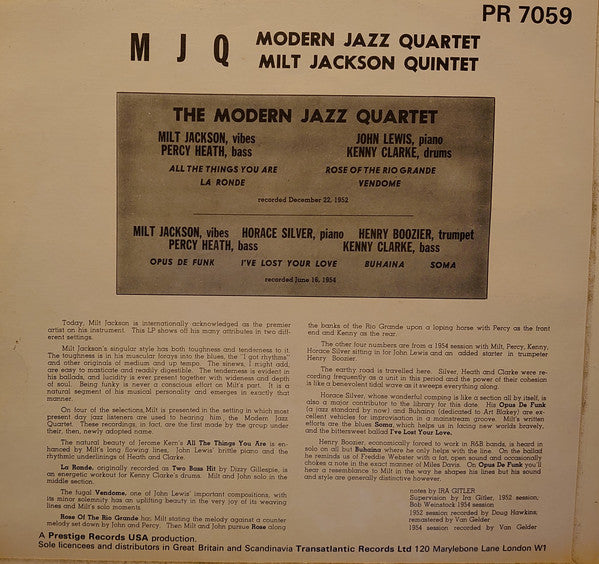 The Modern Jazz Quartet / Milt Jackson Quintet ~ Modern Jazz Quartet / Milt Jackson Quintet (Vinyl) - Djungel & Jazz