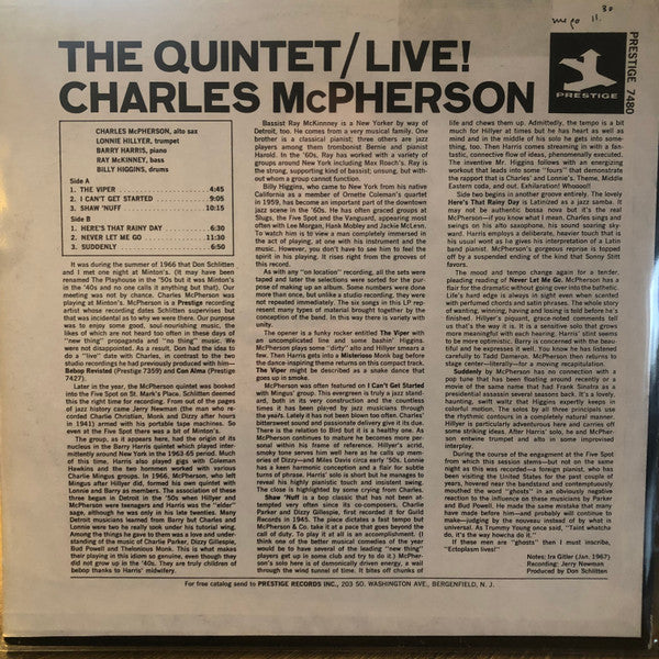 Charles McPherson ~ The Quintet/Live! (Recorded Live At The Five Spot) (Vinyl) - Djungel & Jazz