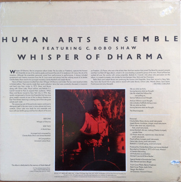 The Human Arts Ensemble Featuring Charles Bobo Shaw : Whisper Of Dharma (LP, Album, RE)