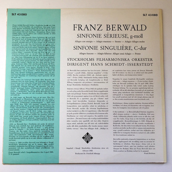 Franz Berwald - Stockholms Filharmoniska Orkester Dirigent Hans Schmidt-Isserstedt ~ Sinfonie Sérieuse G-Moll / Sinfonie Singulière C-Dur (Vinyl) - Djungel & Jazz