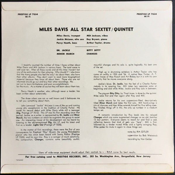 Miles Davis And Milt Jackson ~ Quintet / Sextet (Vinyl) - Djungel & Jazz