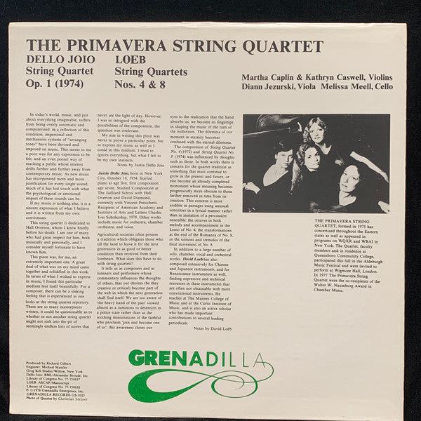 Justin Dello Joio / David Loeb - Primavera String Quartet ~ String Quartet, Op. 1 (1974) / String Quartets Nos. 4 & 8 (Vinyl) - Djungel & Jazz