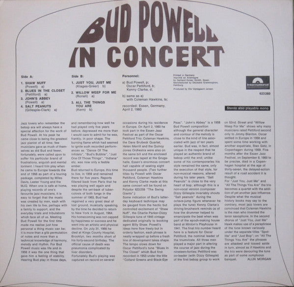 Bud Powell ~ Bud Powell In Concert (Vinyl) - Djungel & Jazz