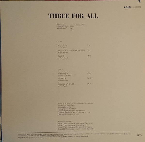 Phil Woods / Tommy Flanagan / Red Mitchell ~ Three For All (Vinyl) - Djungel & Jazz
