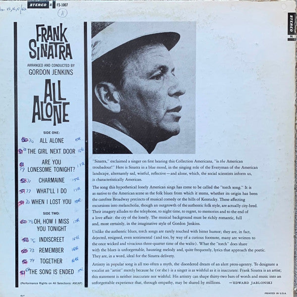 Frank Sinatra ~ All Alone (Vinyl) - Djungel & Jazz
