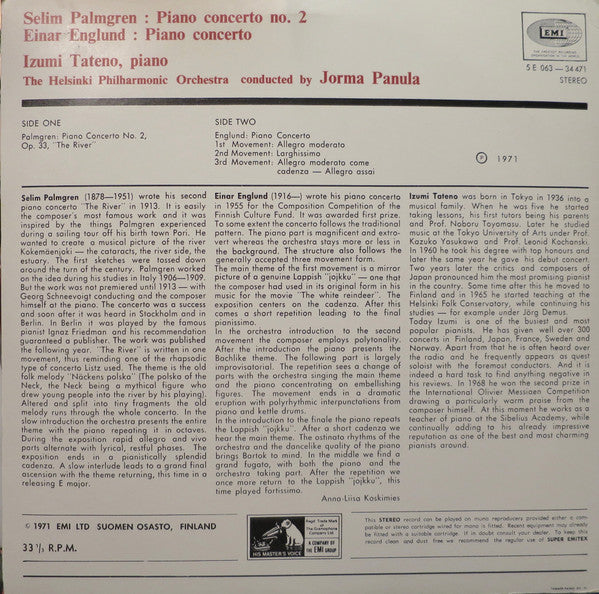 Selim Palmgren, Einar Englund, Izumi Tateno, The Helsinki Philharmonic Orchestra, Jorma Panula ~ Izumi Tateno Plays Palmgren Piano Concerto No. 2 / Englund Piano Concerto (Vinyl) - Djungel & Jazz