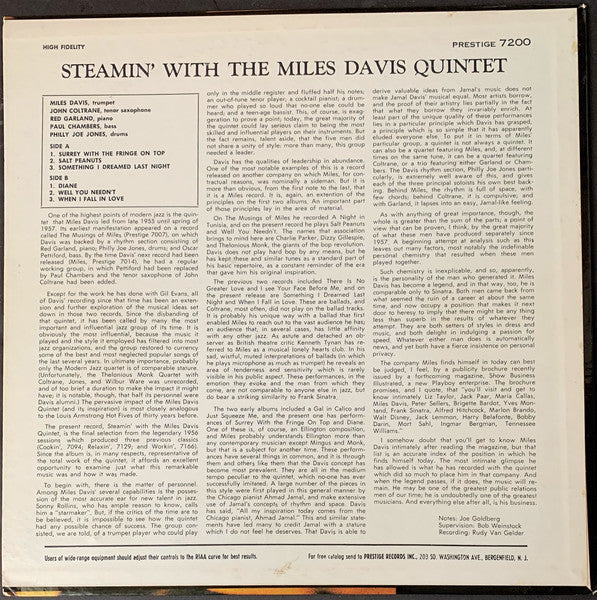 The Miles Davis Quintet : Steamin' With The Miles Davis Quintet (LP, Album, Mono)