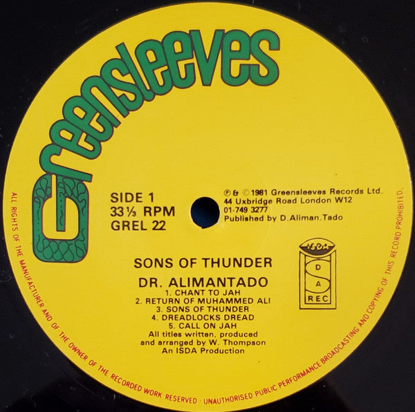 Dr. Alimantado : Sons Of Thunder (LP, Album, Comp)