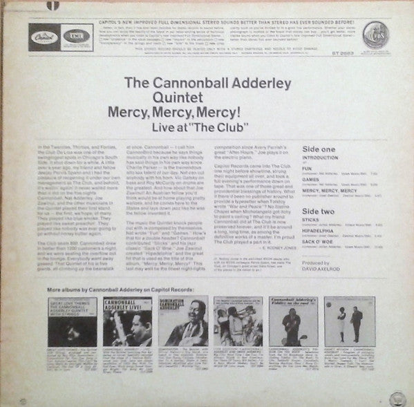 The Cannonball Adderley Quintet : Mercy, Mercy, Mercy! - Live At "The Club" (LP, Album, Scr)