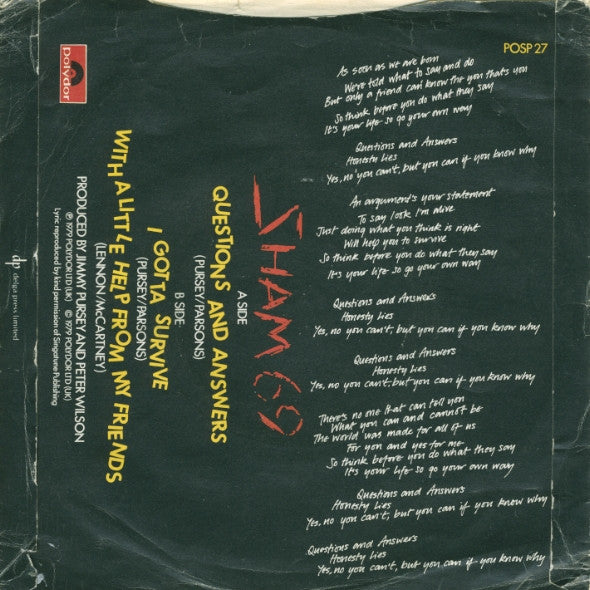 Sham 69 : Questions And Answers (7", Single, Sil)