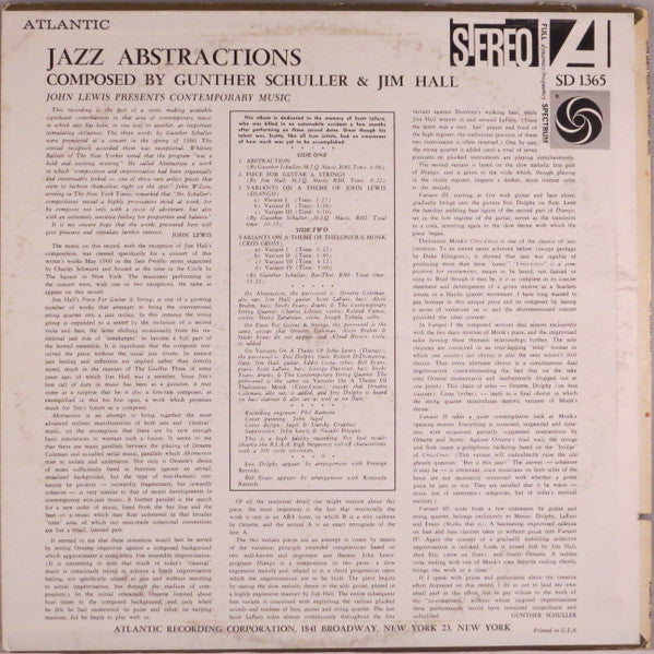 John Lewis , Gunther Schuller & Jim Hall ~ Jazz Abstractions (John Lewis Presents Contemporary Music) (Vinyl) - Djungel & Jazz