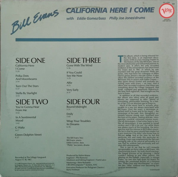 Bill Evans with Eddie Gomez & "Philly" Joe Jones ~ California Here I Come (The Village Vanguard Sessions 1967) (Vinyl) - Djungel & Jazz