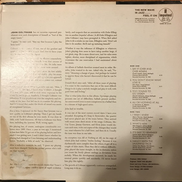 The John Coltrane Quartet ~ Ballads (Vinyl) - Djungel & Jazz
