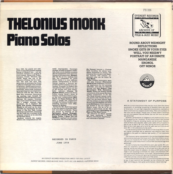 Thelonious Monk ~ Piano Solos (Vinyl) - Djungel & Jazz
