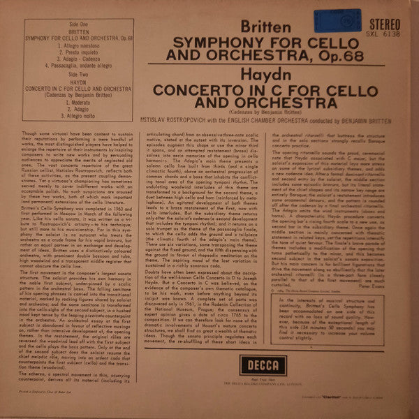 Benjamin Britten / Mstislav Rostropovich, Joseph Haydn, English Chamber Orchestra ~ Cello Symphony Op. 68 / Cello Concerto In C (Vinyl) - Djungel & Jazz